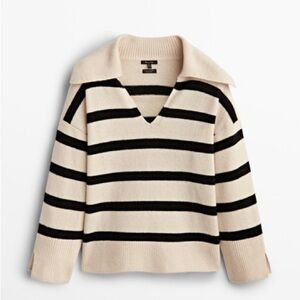 Massimo Dutti striped polo sweater cashmere striped blue cream Italian yarn L